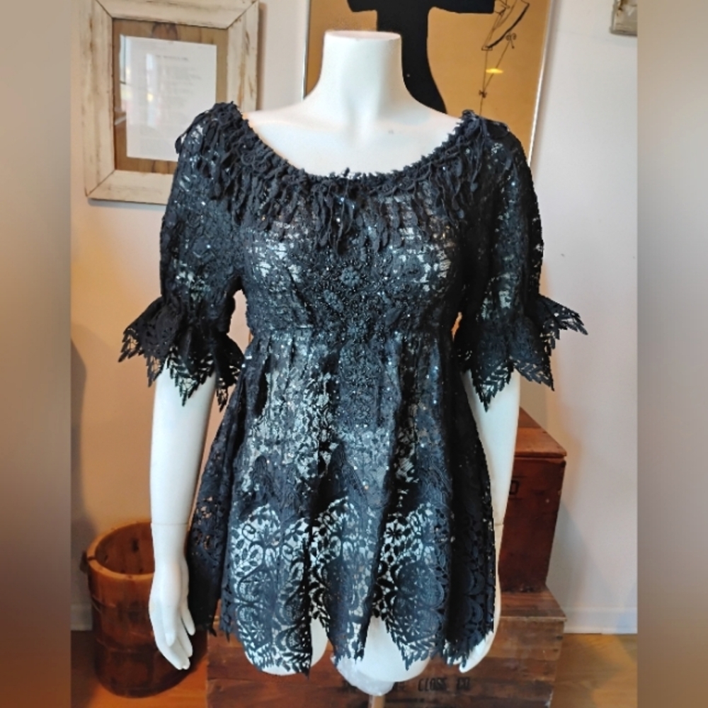 Beatnik Philosophy Paris Boho Chic Embellished Lace & Sequin Top Size S